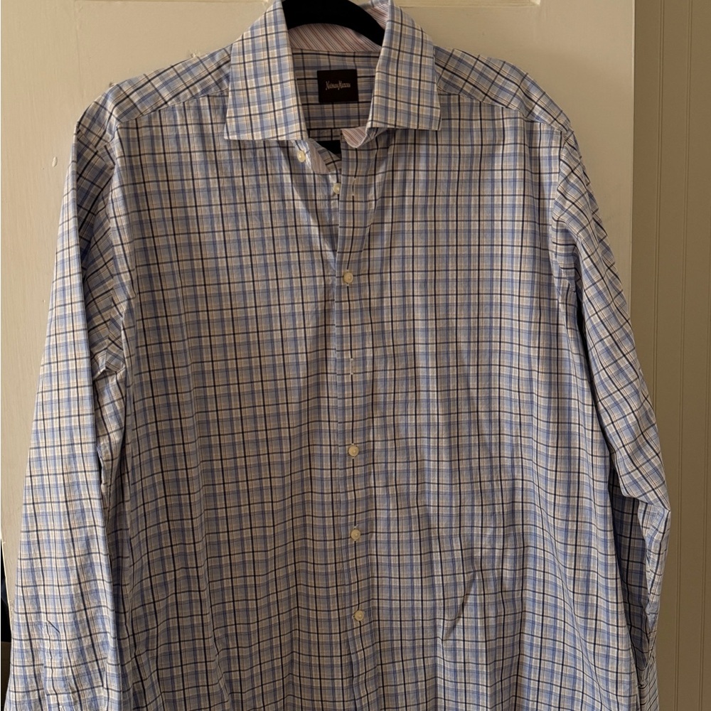 Neiman Marcus Blue and White Plaid Men's Shirt